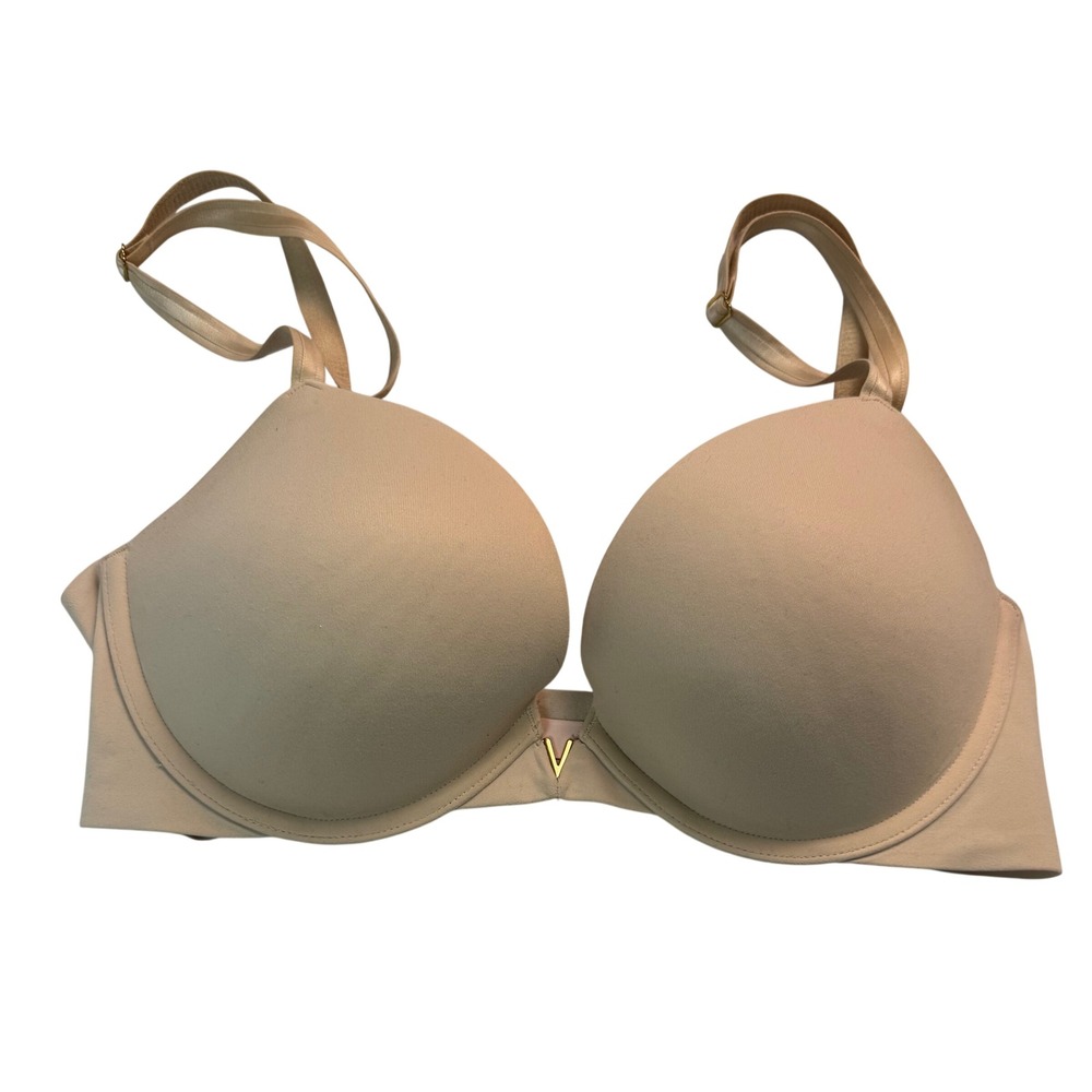 Victoria's Secret Beige Push-Up Plunge Bra Gold V-Hardware 34D Nude Underwire